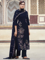 Thumbnail for Aastha Fashion Women's Navy Blue Velvet Resham Thread with Jari & Sequin Kurta with Trouser & Dupatta - Distacart
