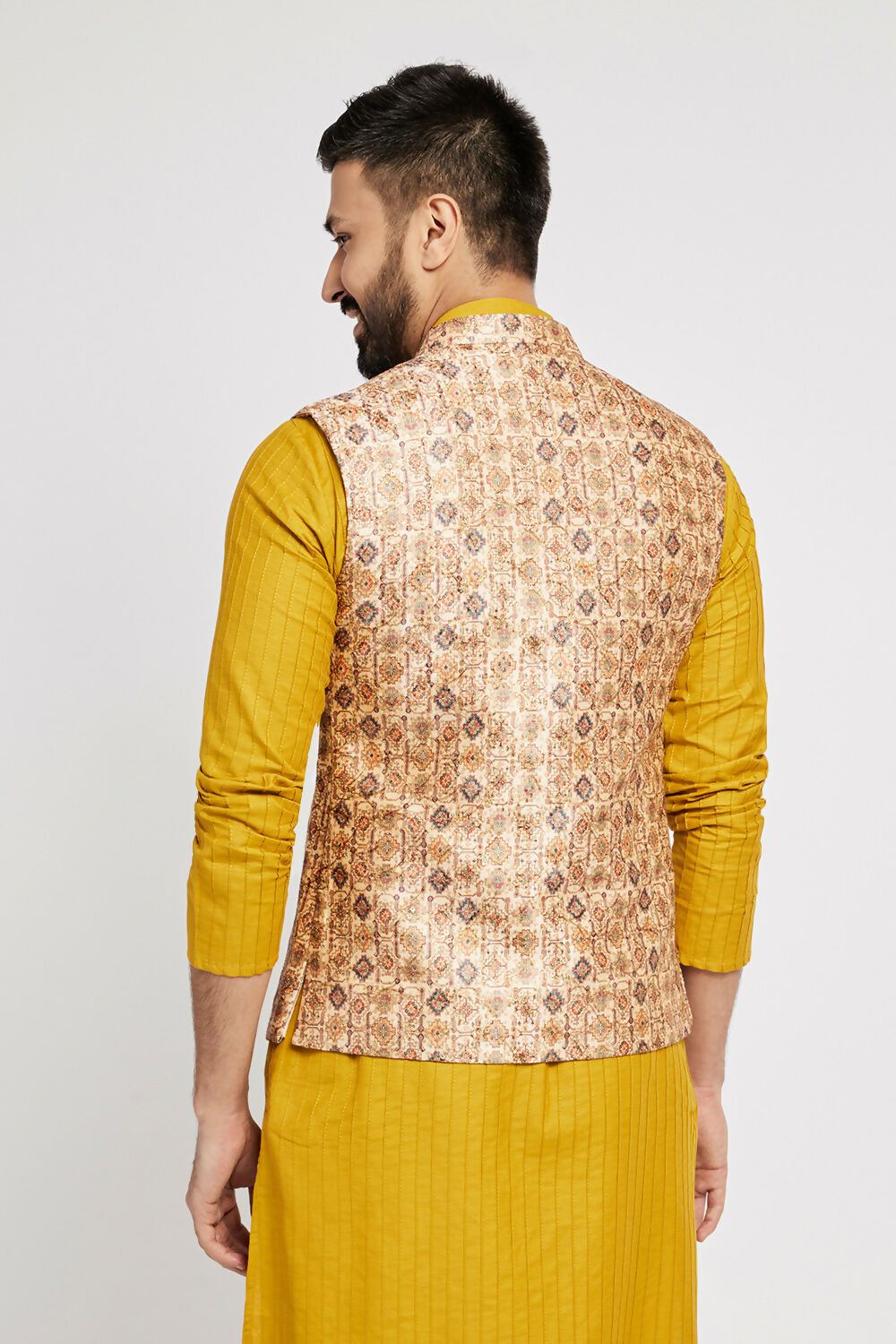 Ethnic India Cream Bundi Men's Jacket Abstract Polyester - Distacart