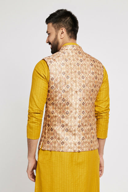 Ethnic India Cream Bundi Men's Jacket Abstract Polyester - Distacart