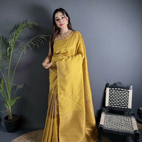 Joban Fashion Golden Yellow Banarasi Soft Lichi Silk Checks & Woven Saree