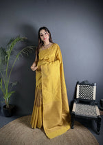 Thumbnail for Joban Fashion Golden Yellow Banarasi Soft Lichi Silk Checks & Woven Saree
