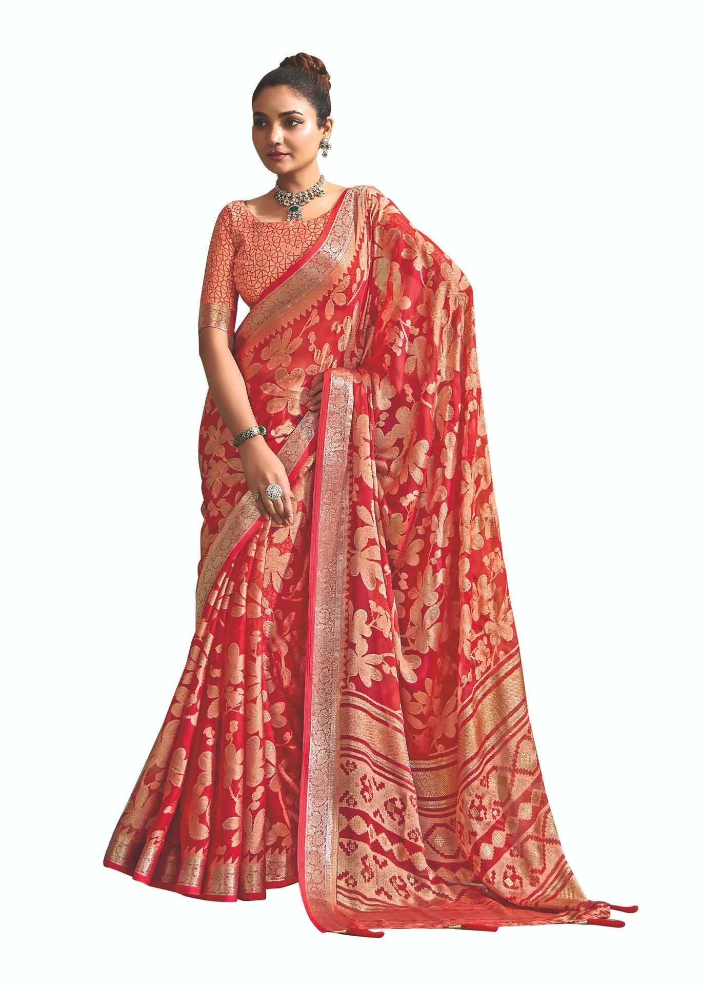 Joban Fashion Redbull Moss Brasso With Kasab Zari Border Saree & Tassels With Brasso Blouse