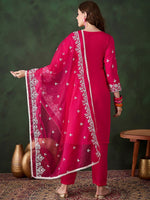 Thumbnail for Sangria Pink Floral Embroidered Thread Work Pure Cotton Kurta & Trousers & Dupatta