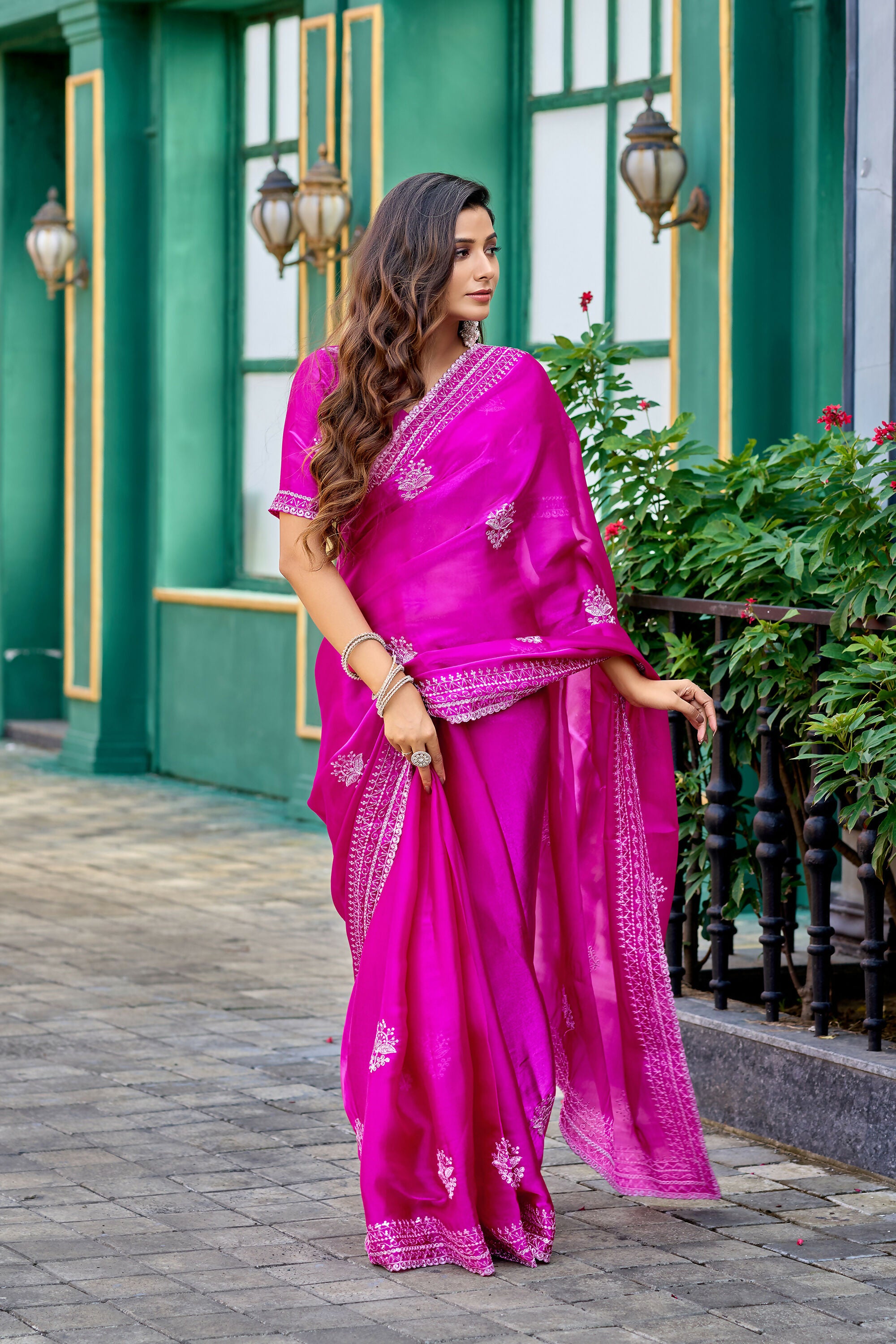 Vastranavya Pink Embroidery Work Shimmer Chiffon Saree with Unstitched Blouse