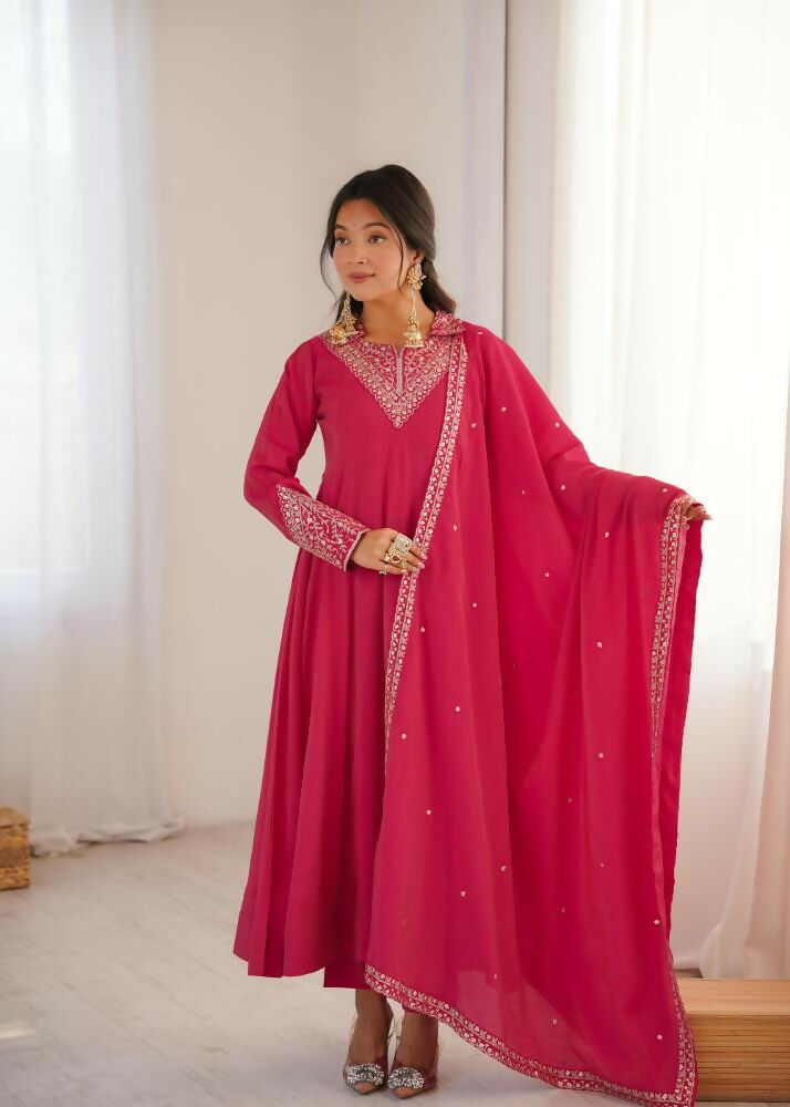 Lehenga Mart Designer Anarkali Suit With Kurta, Pant, Dupatta For Women-Rani Pink - Distacart