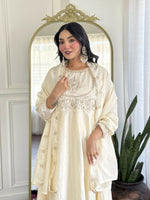 Thumbnail for The52 CreamWomen's Gorgeous Embroidered Vichitra Silk Fabric Flared Kurta Pant with Dupatta Set - Distacart