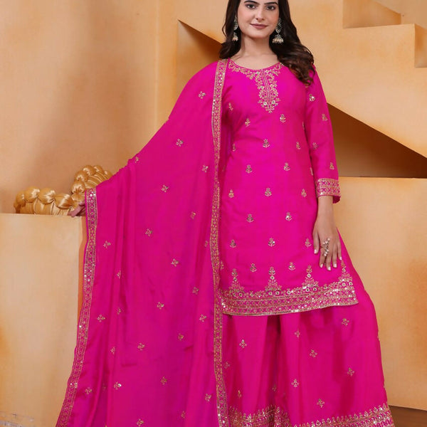 Teeya Creation Pink Color Chinon Silk Wedding Wear Trending Palazzo Set - Distacart