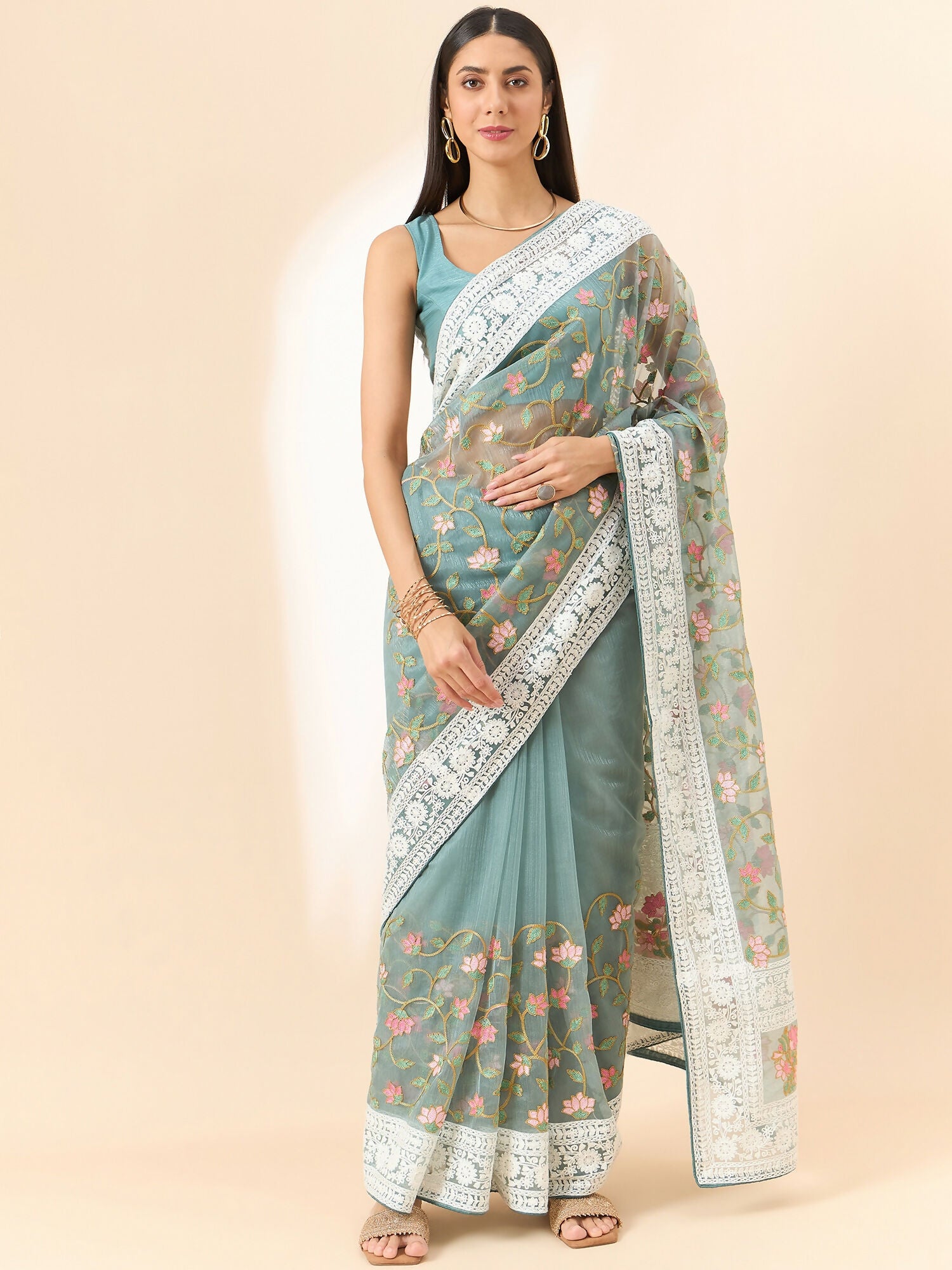 Blue Organza Floral Embroidered Saree with Unstitched Blouse Piece - Roozal - Distacart