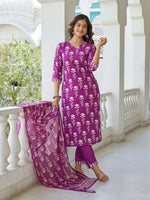 Thumbnail for The52 Wine Women's Beautiful Cotton Blend Fabric Printed Work Straight Kurta, Pant and Dupatta Set - Distacart