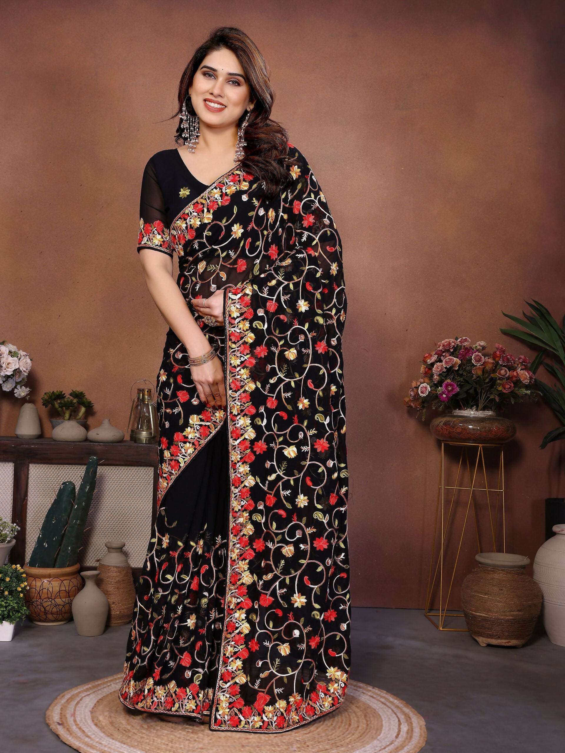 Teeya Creation New Womens Latest Wedding Wear Georgette Saree-Black - Dista