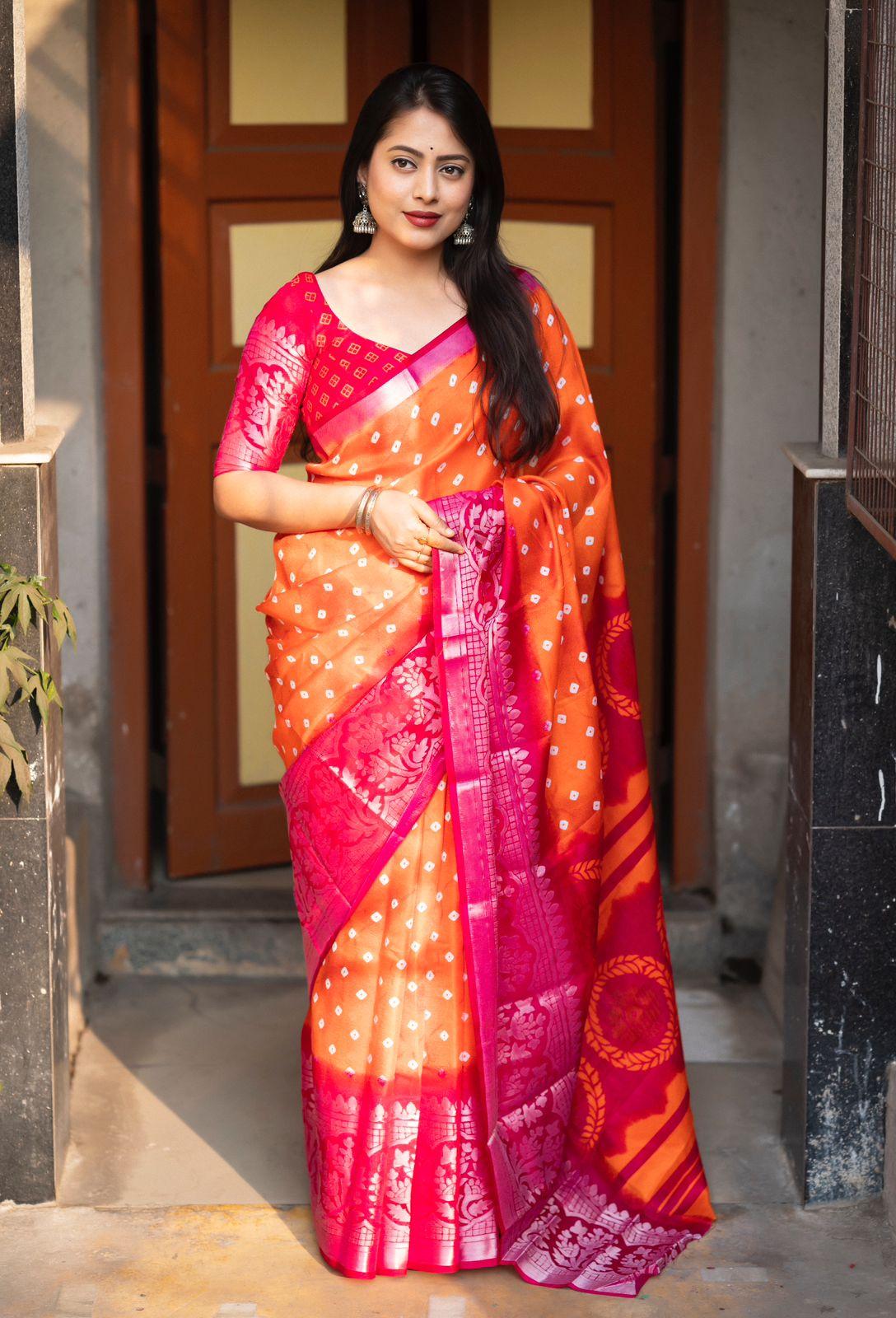 Orange Jute Silk Printed Saree with Unstitched Blouse - Hiral Fashion - Distacart