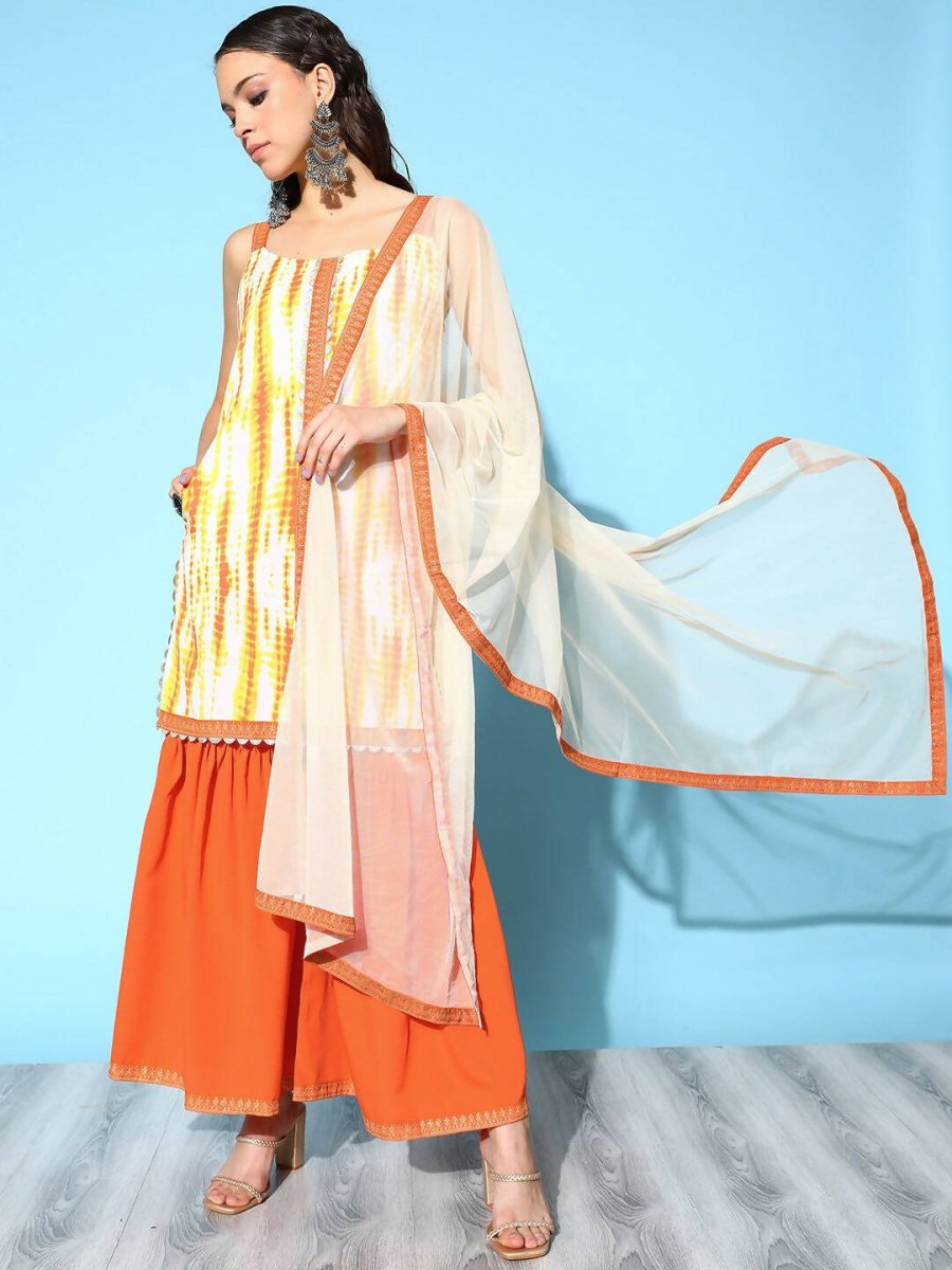 Ahalyaa Women's Orange Crepe Printed Kurta Sharara Set With Dupatta - Distacart