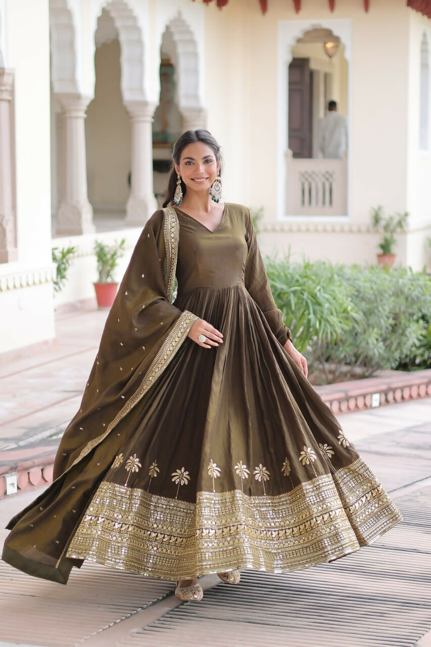 Teeya Creation Womens New Fancy Vichitra Silk With Rich Sequins Embroidered Work Gown Set - Dista