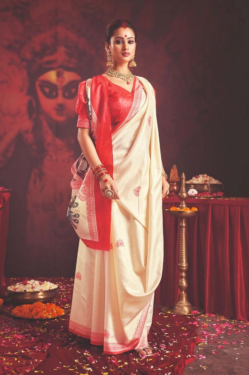 Joban Fashion Silk Blend Off White Color Garad Saree - Dista
