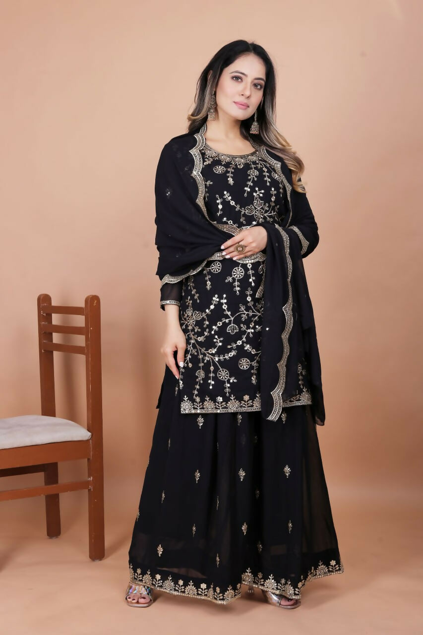 Teeya Creation Black Color Faux Georgette Embroidery Work Wedding Wear Palazzo Set - Distacart