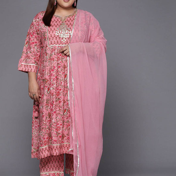 Sztori Plus Size Floral Printed Gotta Patti Cotton Straight Kurta & Trousers With Dupatta - Distacart
