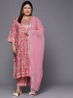 Thumbnail for Sztori Plus Size Floral Printed Gotta Patti Cotton Straight Kurta & Trousers With Dupatta - Distacart