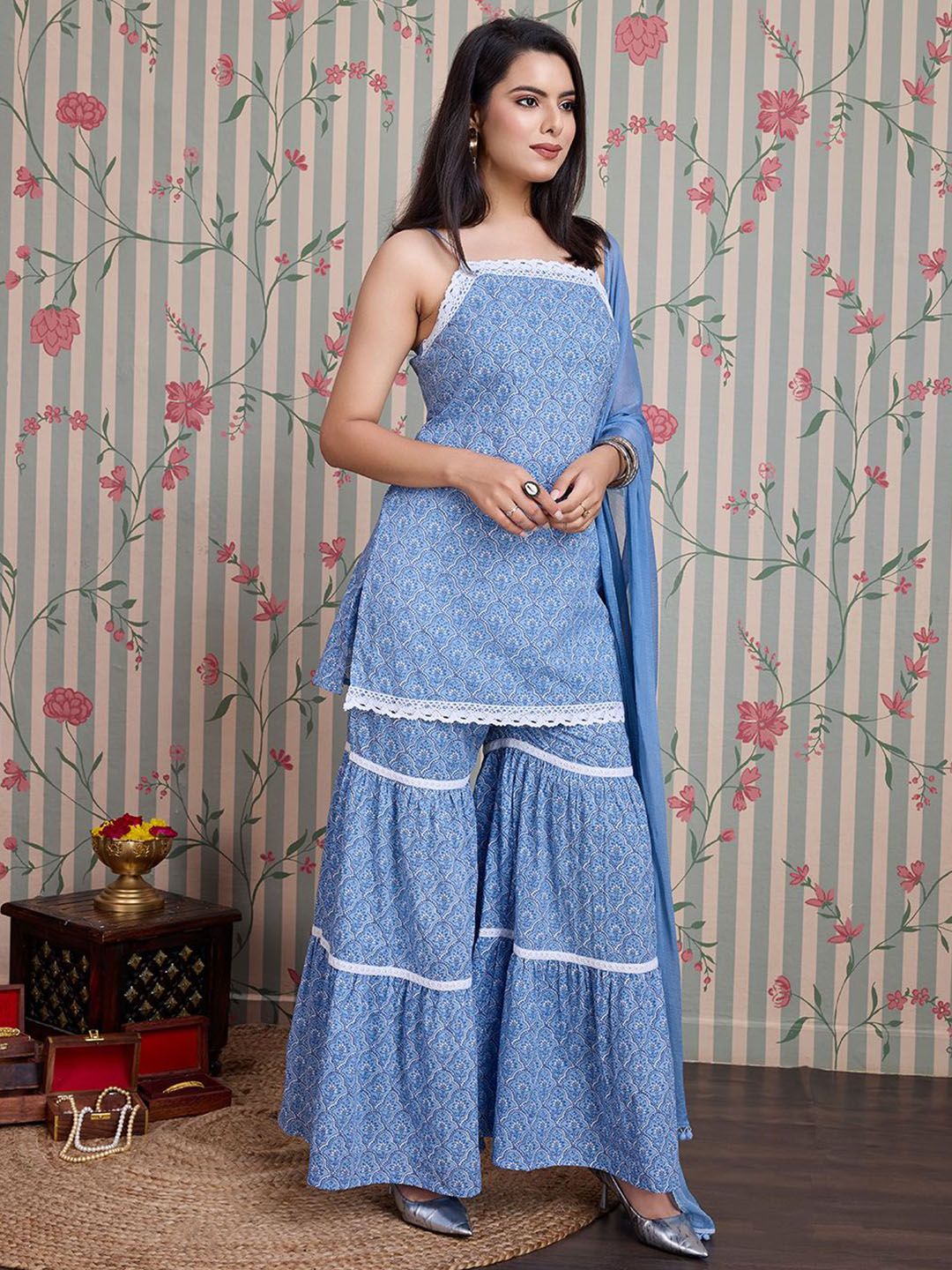 Ode by House of Pataudi Floral Printed Pure Cotton Straight Kurti with Sharara & With - Distacart