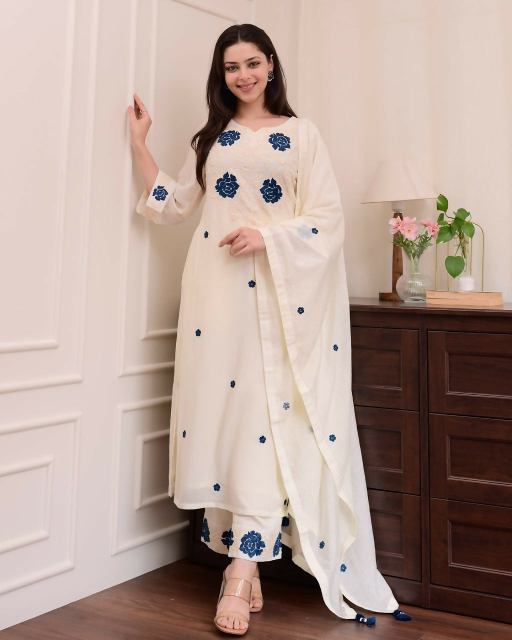 Preksha Creation White Wedding Special Women Viscose with Embroidery Kurti With Dupatta And Pant