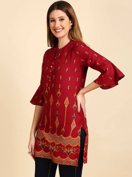 Anubhutee Maroon & Golden Printed Straight Kurti - Distacart