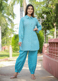 Thumbnail for Kaajh Women's Sky Blue Printed Cotton Kurta Pant Set - Distacart