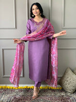 Thumbnail for Partywear Designer Purple Viscos Rayon Stitched Suit With Dupatta - Tanisha - Distacart