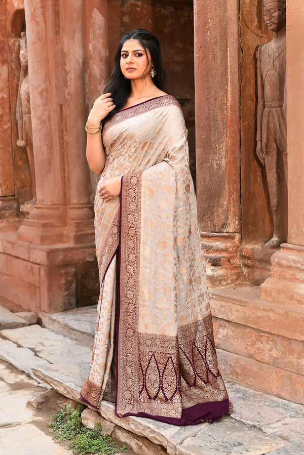 Joban Fashion Nude Grey Crepe Chiffon Pure Handloom Banarasi Silk Saree