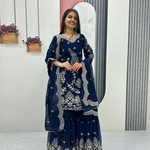 Teeya Creation Womens New Heavy Fox Georgette Fabric With Heavy Embroidery Work Dark-Navy-Blue Kurta Set - Dista
