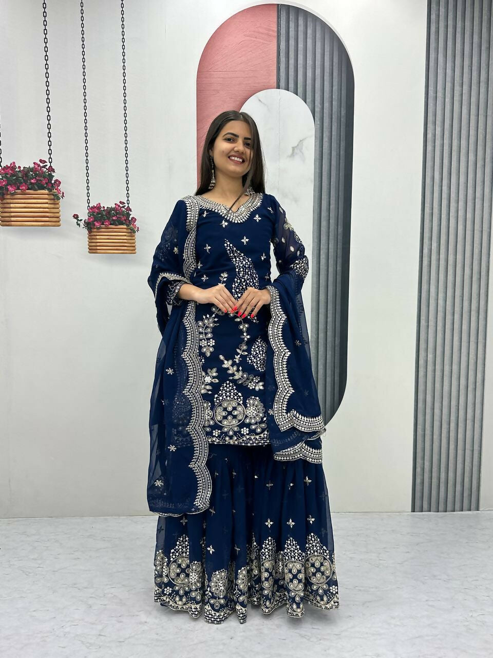Teeya Creation Womens New Heavy Fox Georgette Fabric With Heavy Embroidery Work Dark-Navy-Blue Kurta Set - Dista
