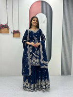 Thumbnail for Teeya Creation Womens New Heavy Fox Georgette Fabric With Heavy Embroidery Work Dark-Navy-Blue Kurta Set - Dista