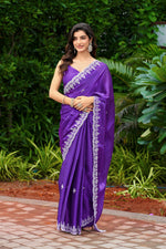 Thumbnail for Vastranavya Purple-Blue Embroidery Work Shimmer Chiffon Saree with Unstitched Blouse