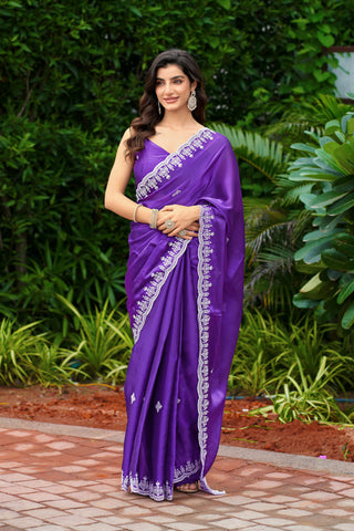 Vastranavya Purple-Blue Embroidery Work Shimmer Chiffon Saree with Unstitched Blouse