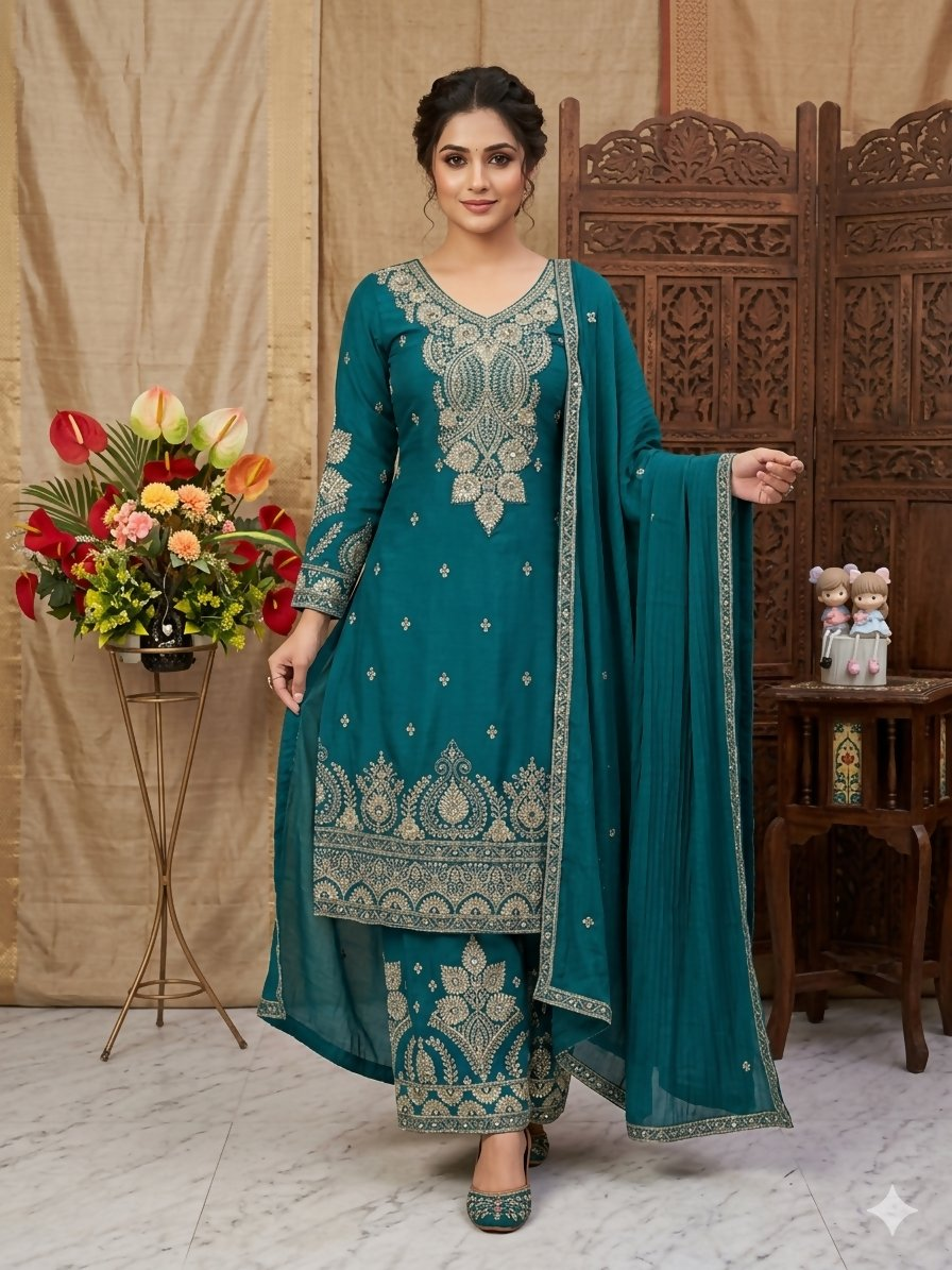 Teeya Creation Womens New Wedding Wear Heavy Embroidery Thread Work Teal Kurta Set - Dista