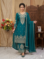 Thumbnail for Teeya Creation Womens New Wedding Wear Heavy Embroidery Thread Work Teal Kurta Set - Dista
