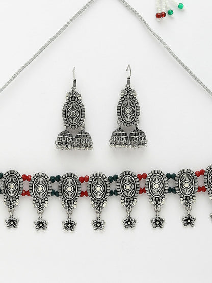 NVR Women's Silver-Plated Choke Oxidized Necklace with Jhumka Earrings - Distacart