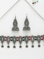 Thumbnail for NVR Women's Silver-Plated Choke Oxidized Necklace with Jhumka Earrings - Distacart