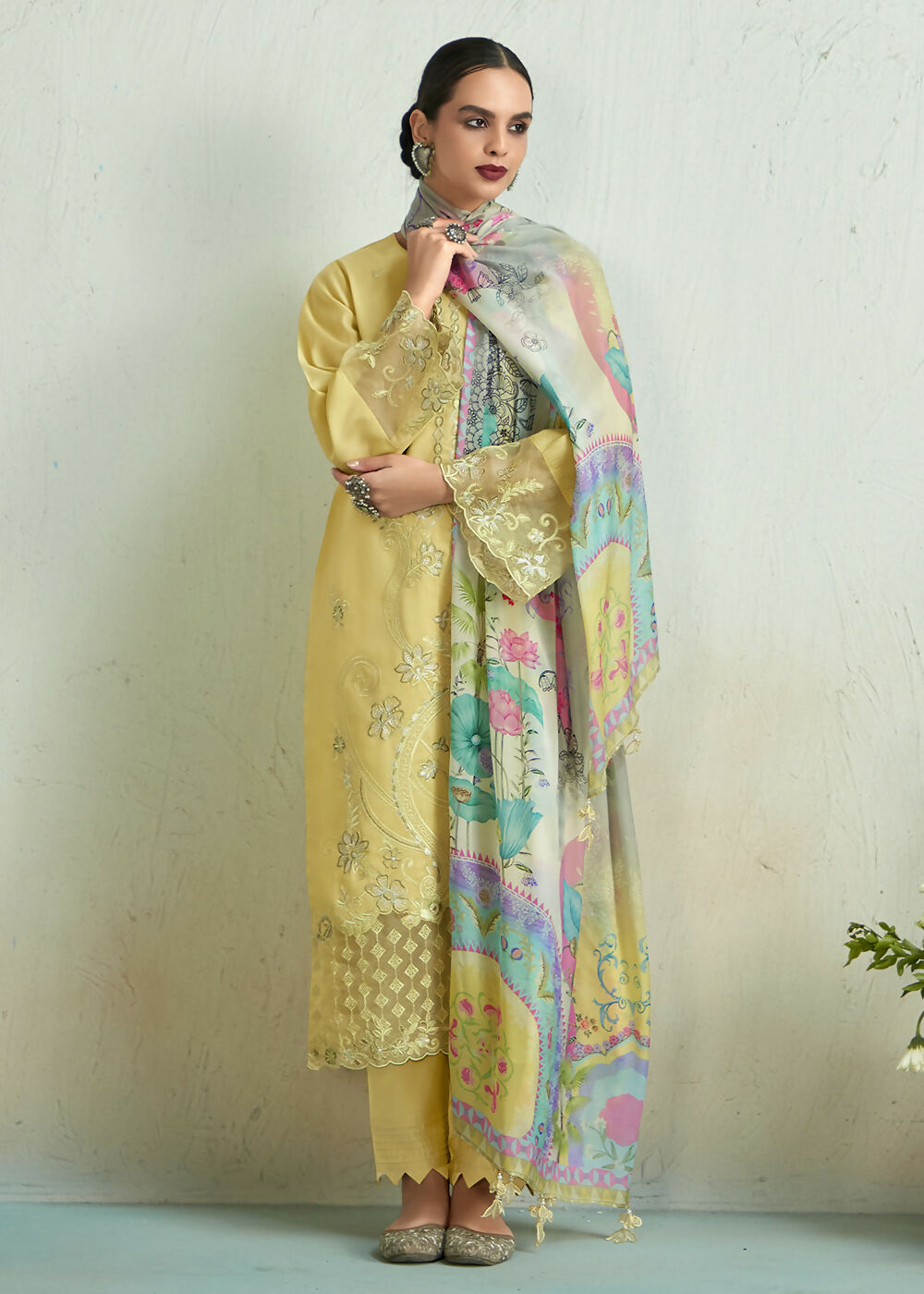 Lemon Yellow Pure Muslin Resham Embroidered Salwar Suit - Emponline - Distacart