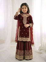 Thumbnail for Teeya Creation Girls Heavy Embroidery Ethnic Kurta And Palazzo Set With Net Dupatta - Dista