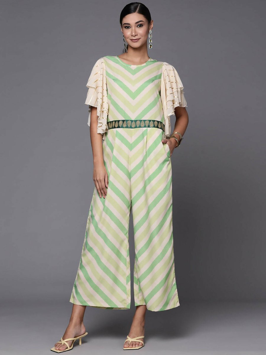 Ahalyaa Off White & Green Zig Zag Print Basic Jumpsuit - Distacart