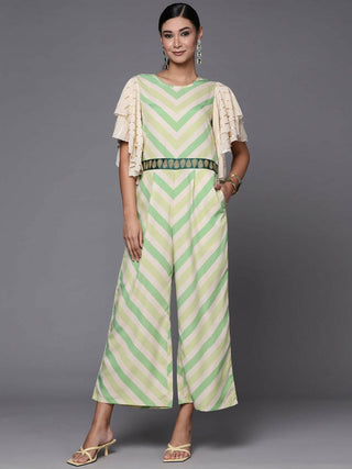Ahalyaa Off White & Green Zig Zag Print Basic Jumpsuit - Distacart