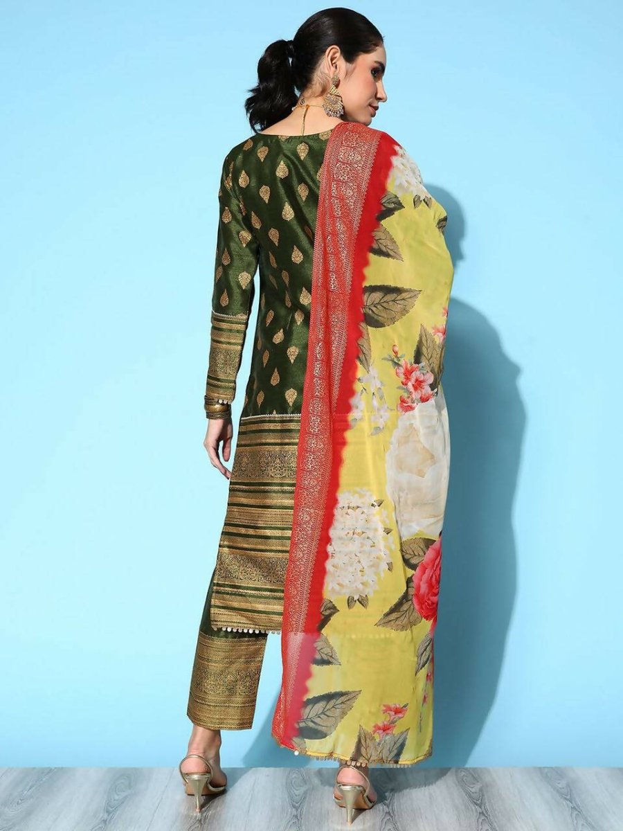 Ahalyaa Women's Olive Colour Poly Silk Gold Printed Kurta Pant Set With Dupatta - Distacart