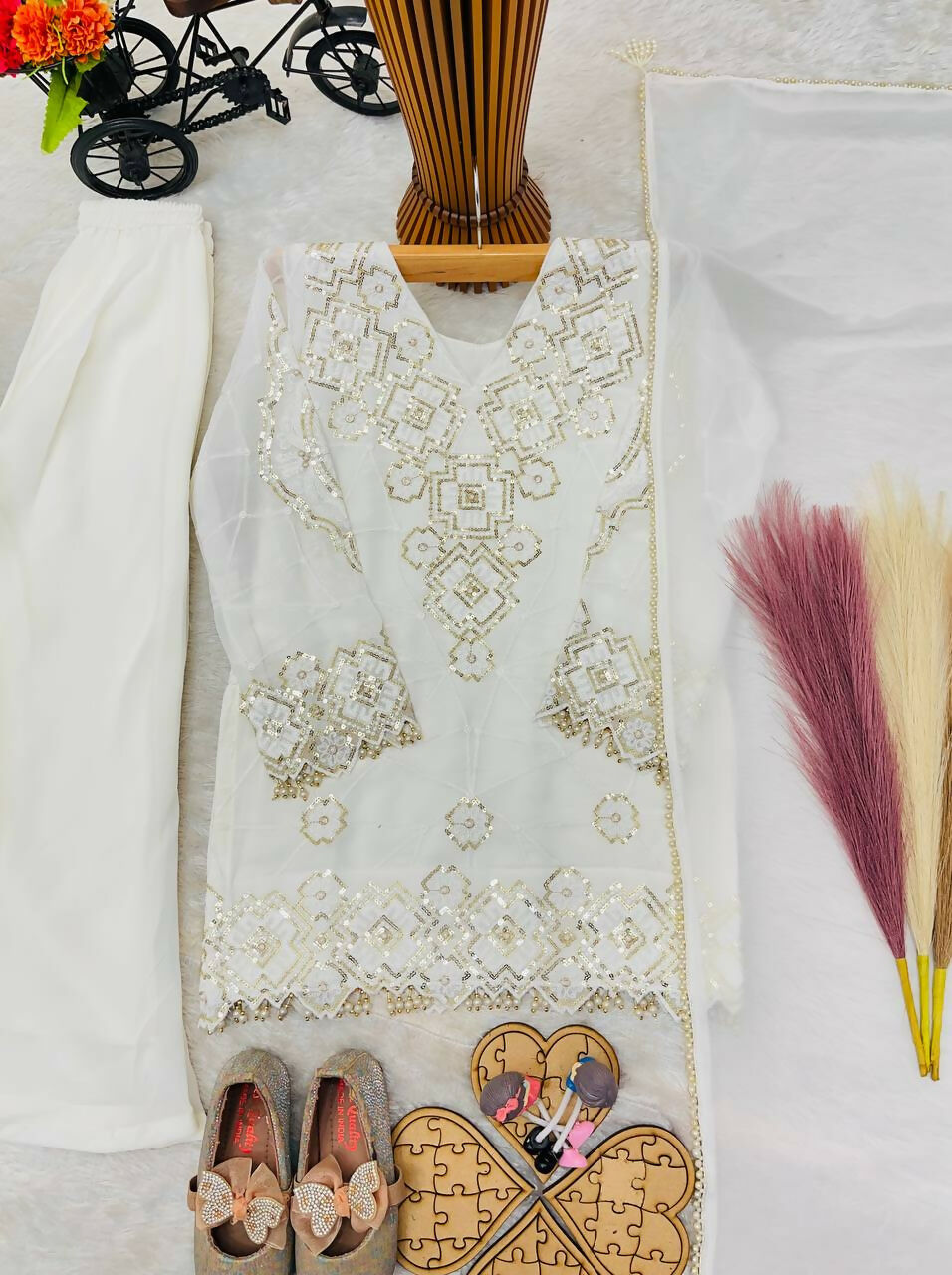 Teeya Creation New Kids Latest Trendy Kurta Palazzo Set-White - Dista