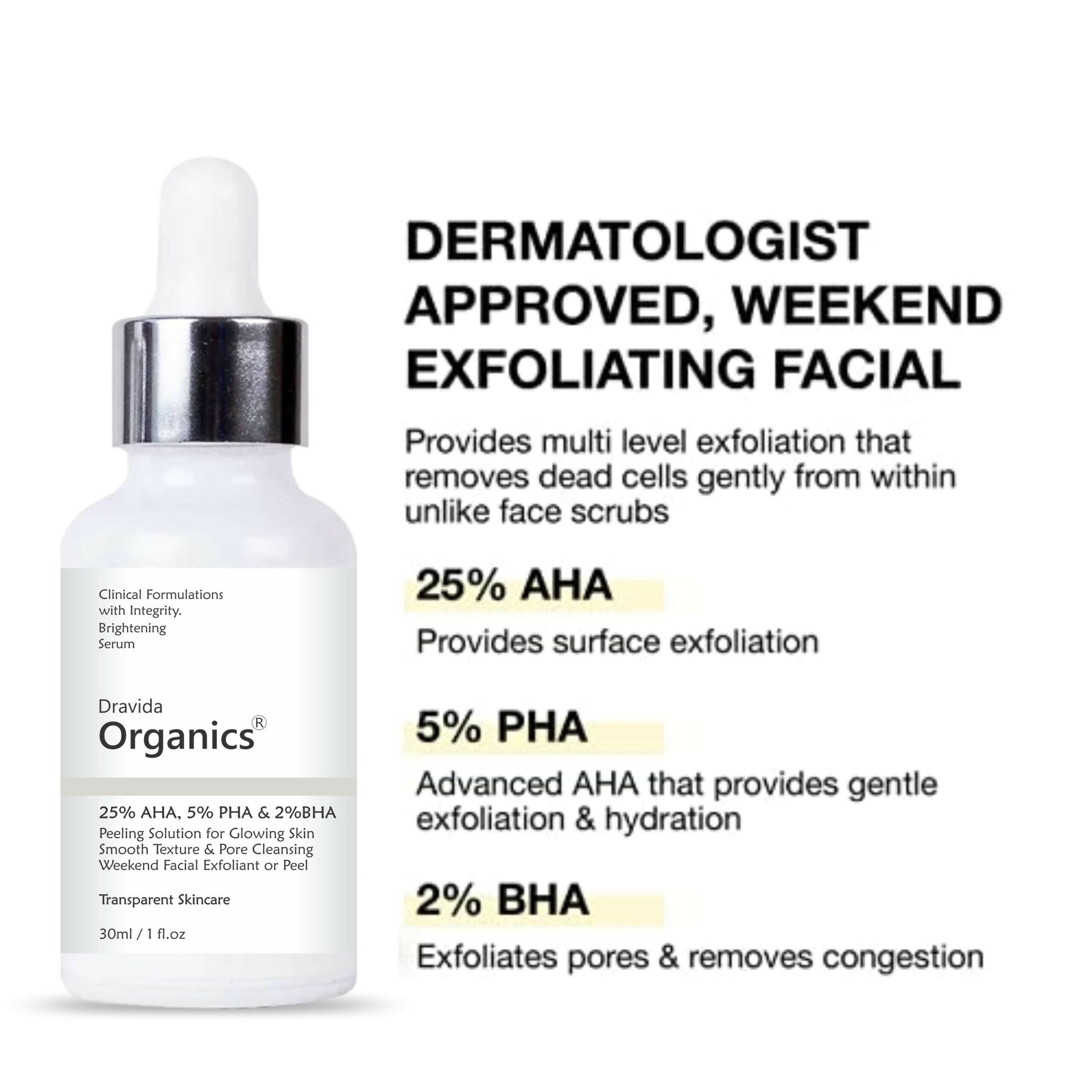 Dravida Organics AHA 25% + BHA 2% + PHA 5% Peeling Solution for Face - Dista