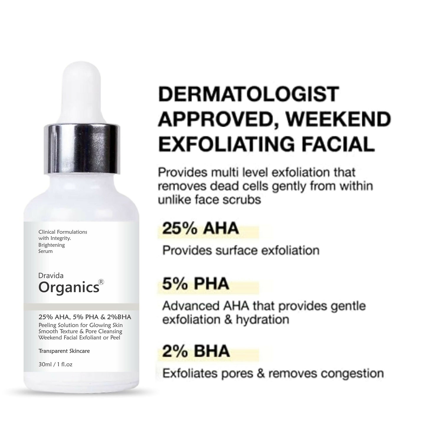 Dravida Organics AHA 25% + BHA 2% + PHA 5% Peeling Solution for Face - Dista
