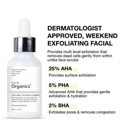 Dravida Organics AHA 25% + BHA 2% + PHA 5% Peeling Solution for Face - Dista