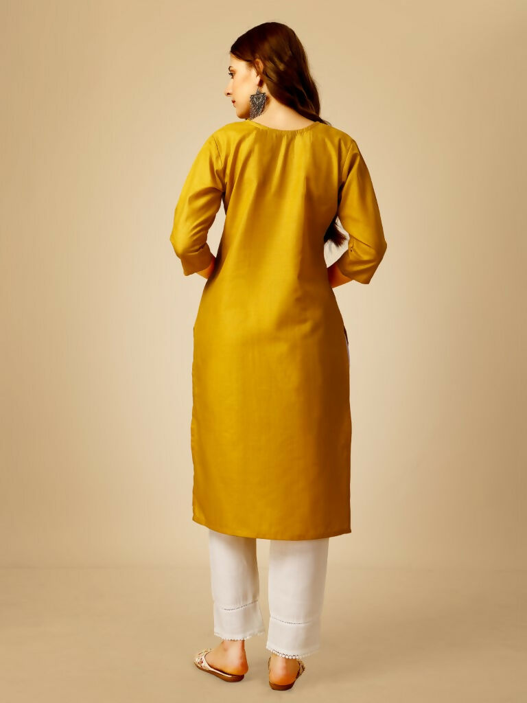 Jyoti Fashion Women's Yellow Cotton Blend Embroidered Kurta Pant Set - Distacart