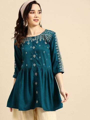 Women's Teal Viscose blend Embroidered Short Top - Marina - Distacart