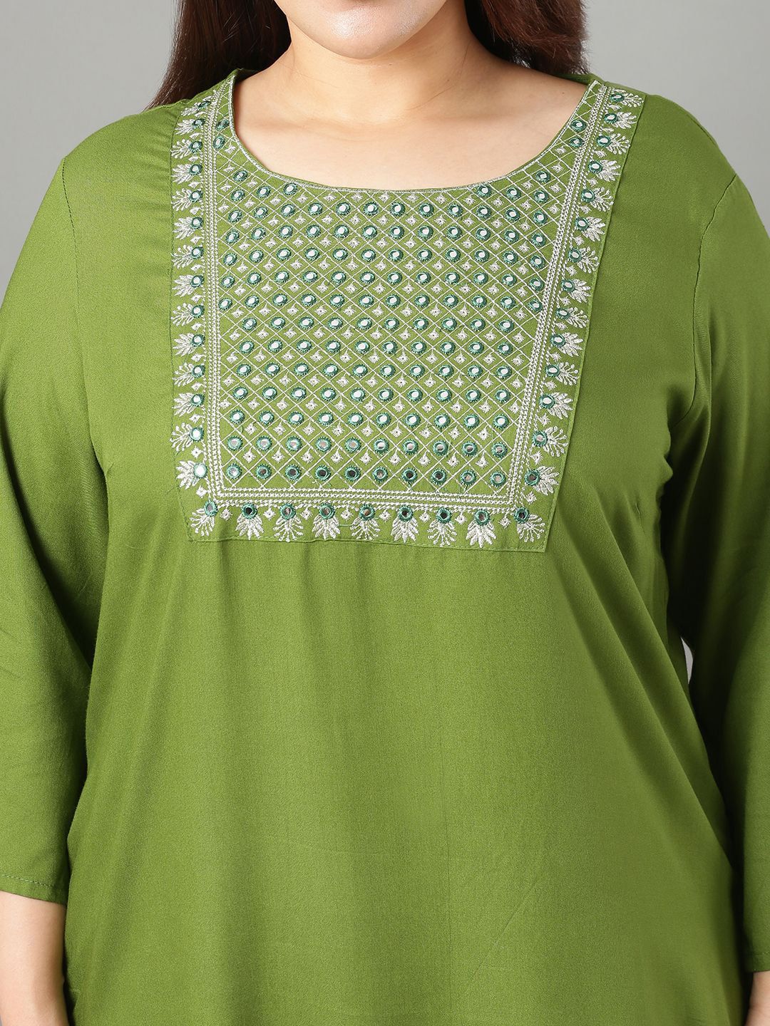 Sztori Plus Size Floral Yoke Design Mirror Work Straight Kurta - Distacart