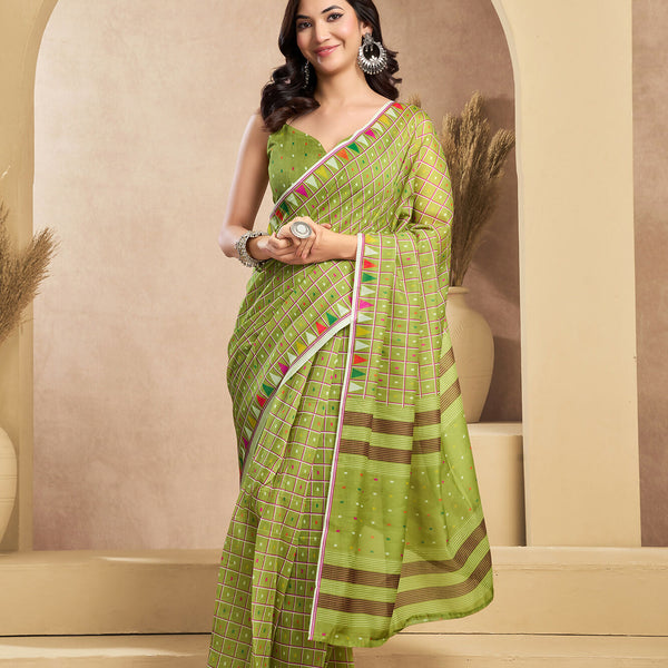 Vastranavya Mehendi Digital Printed Linen Ready To Wear Designer Saree with Unstitched Blouse - Distacart