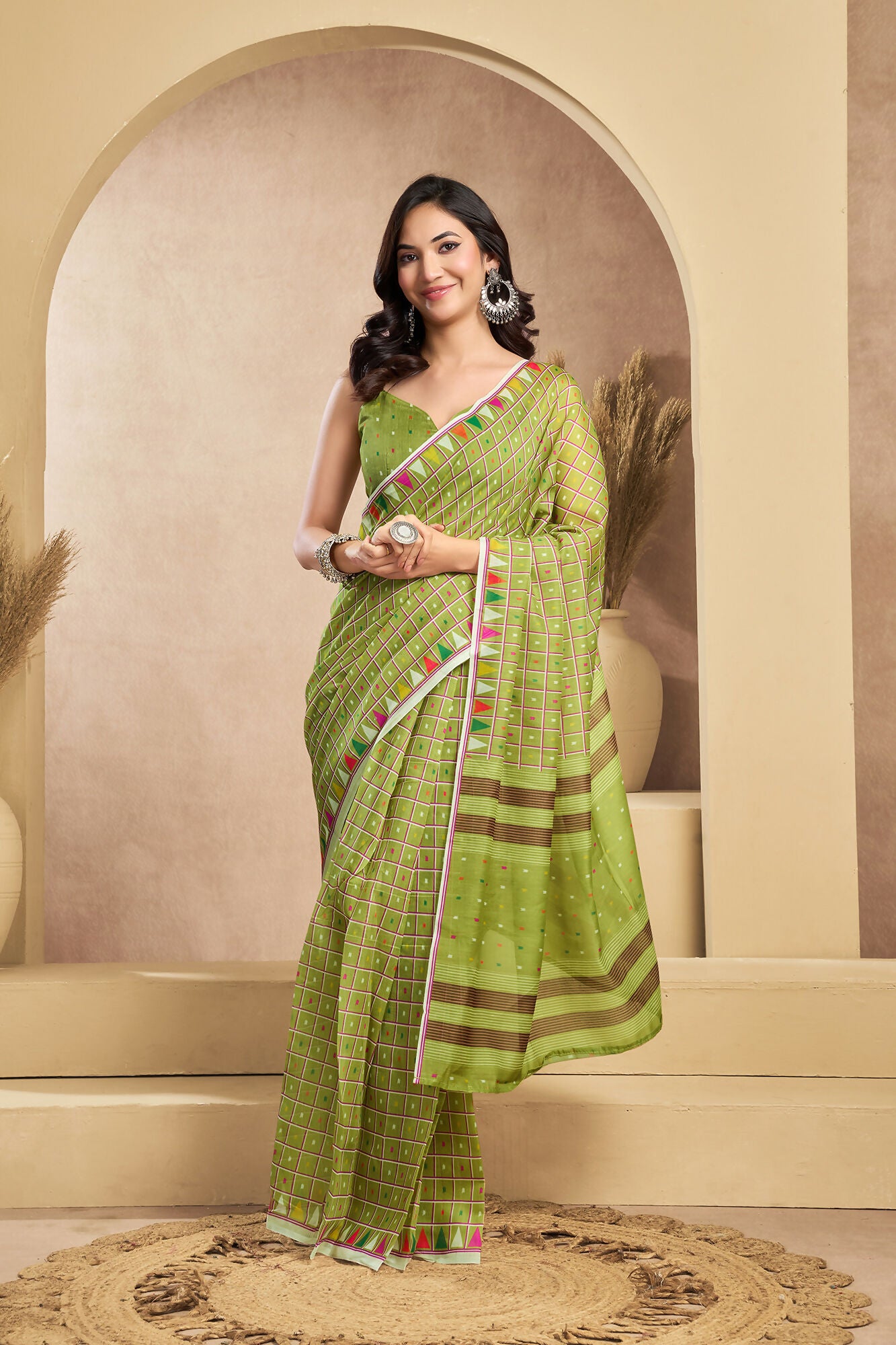Vastranavya Mehendi Digital Printed Linen Ready To Wear Designer Saree with Unstitched Blouse - Distacart